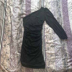Black, mini, maxi, sheer sleeve, scrunchie body con dress.